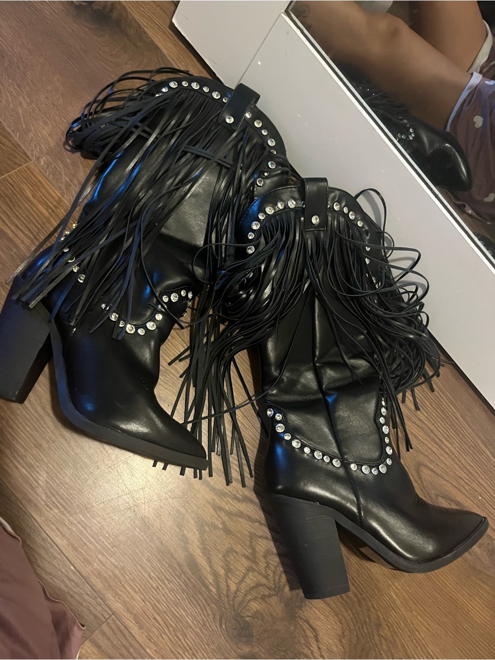 Fringed Rhinestone Western Ankle Boots - Black